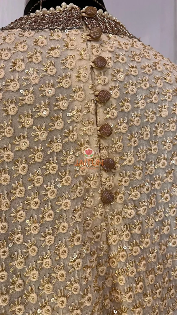 Front view of Golden Grace Embellished A-Line Kurta with shimmering golden details and contemporary A-line silhouette, suited for weddings and celebrations.