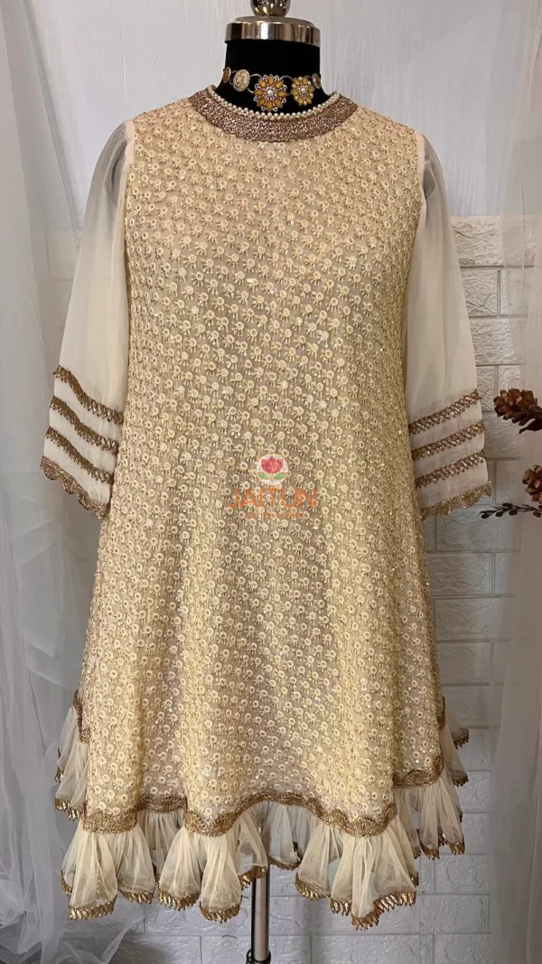 Golden Grace Embellished A-Line Kurta fully displayed, featuring luxurious gold accents, geometric embroidery, and a flattering silhouette for festive occasions.