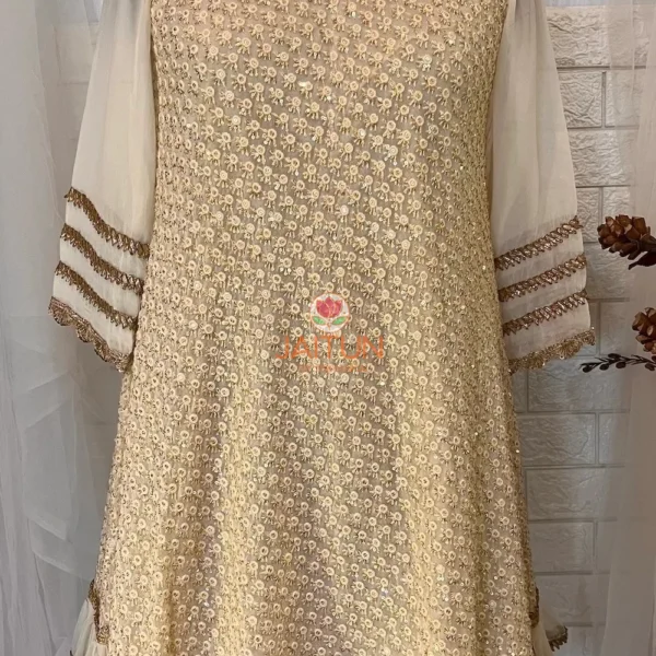 Golden Grace Embellished A-Line Kurta fully displayed, featuring luxurious gold accents, geometric embroidery, and a flattering silhouette for festive occasions.