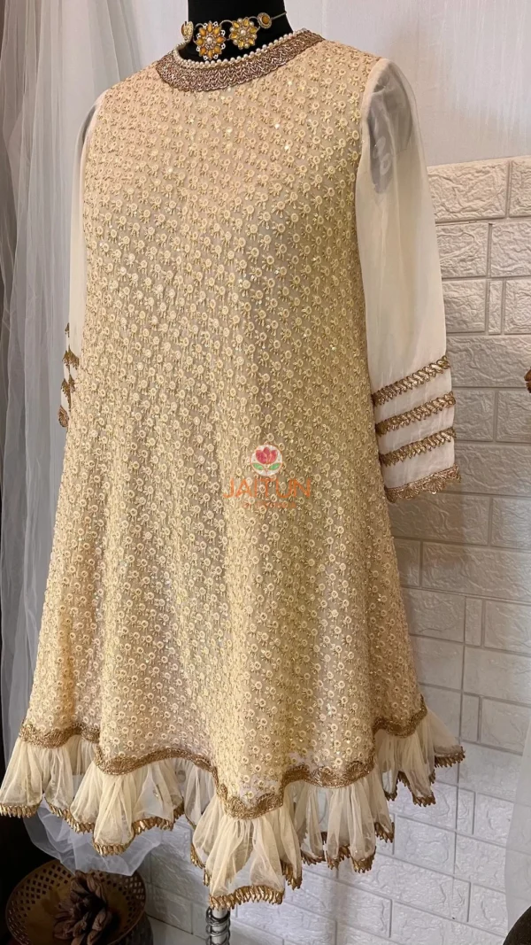 Sleeve detail of Golden Grace Embellished Kurta highlighting gold thread embroidery, geometric borders, and elegant craftsmanship for party wear Kurti styles.