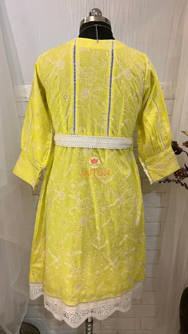 Lemon Green Wrap Around Kurti Dress – Back View, Cotton Ethnic Wear with Embroidery
