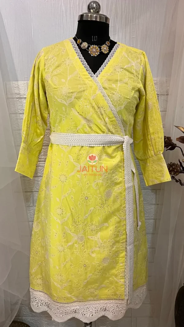 Lemon Green Wrap Around Kurti Dress – Front View, Embroidered Cotton Ethnic Wear for Women