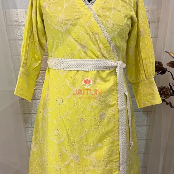 Lemon Green Wrap Around Kurti Dress – Front View, Embroidered Cotton Ethnic Wear for Women