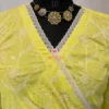 Lemon Green Wrap Around Kurti Dress – Neckline Close-Up, Embroidered Cotton Ethnic Dress
