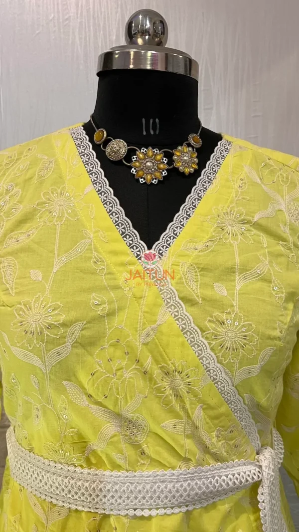 Lemon Green Wrap Around Kurti Dress – Neckline Close-Up, Embroidered Cotton Ethnic Dress