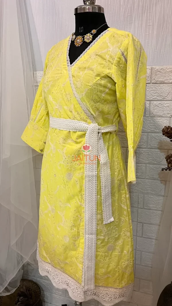 Lemon Green Wrap Around Kurti Dress – Side View, Embroidered Cotton, Ideal Summer Dress