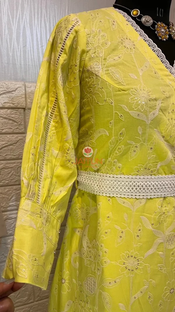 Lemon Green Wrap Around Kurti Dress – Sleeve Embroidery Detail, Elegant Cotton Dress for Women