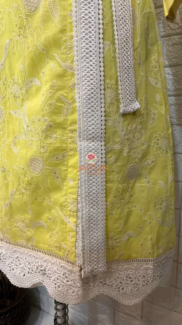 Lemon Green Wrap Around Kurti – Hemline and Belt Detail, Cotton Embroidered Dress for Women
