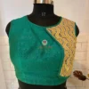 Teal Green Silk Blouse with Golden Embroidered Panel front view, sleeveless and elegant silk texture