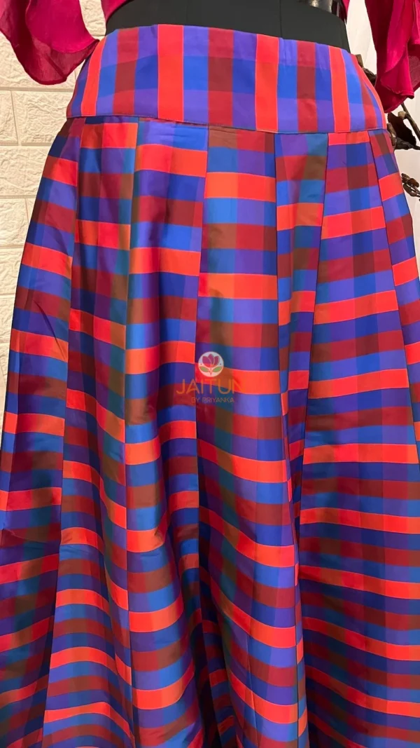 Waistband and pleat details on striped Vibrant Vogue Lehenga Maxi Skirt