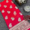 Detailed view of Crimson Bloom Banarasi Silk Saree showcasing gold zari floral patterns and traditional border design