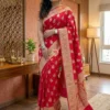 Crimson Bloom Banarasi Silk Saree model view with gold floral motifs and intricate zari border, paired with red bangles and traditional jewellery