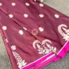 Closeup of border on Mulberry Grace Silk Saree showing elaborate white floral embroidery and classic Banarasi craftsmanship
