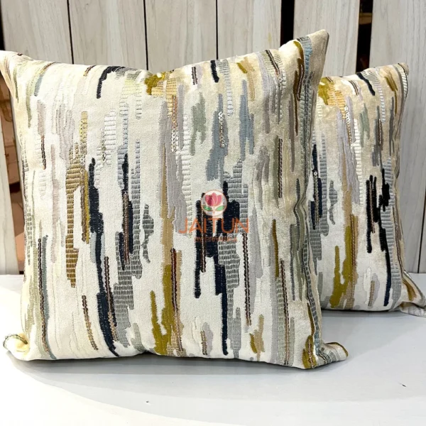 Abstract brushstroke cushion cover in suede velvet, front view showing embroidery