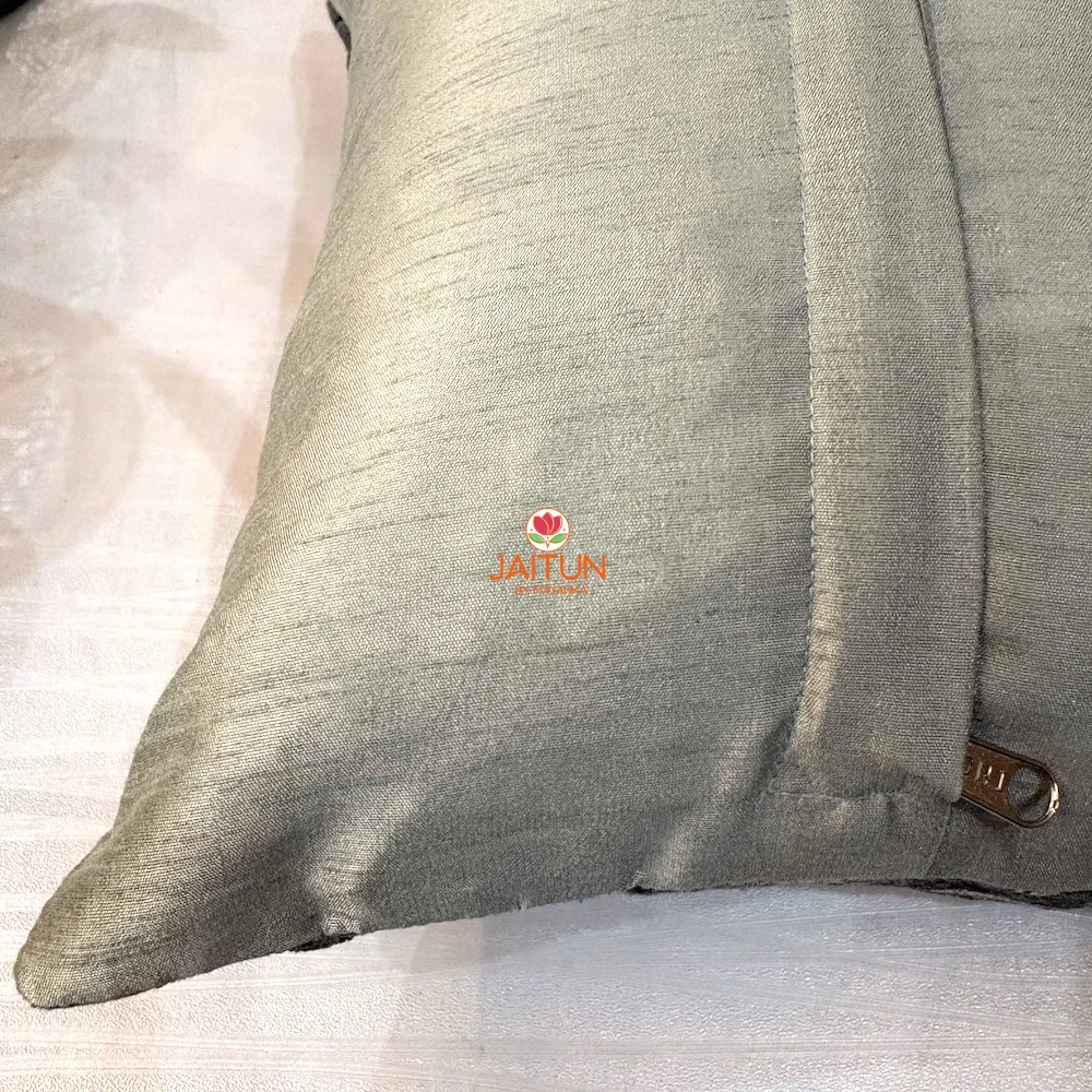 Silver Sage Abstract Embroidered Velvet Cushion Cover – Back View Back view of Silver Sage Abstract Embroidered Velvet Cushion Cover with concealed zipper closure and premium velvet backing