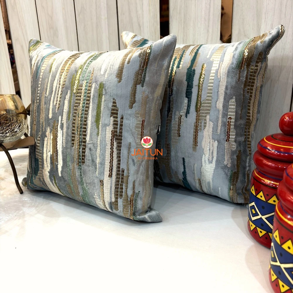 Silver Sage Abstract Embroidered Velvet Cushion Cover – Side Perspective Side perspective of Silver Sage Abstract Embroidered Velvet Cushion Cover showcasing premium embroidery and contemporary design