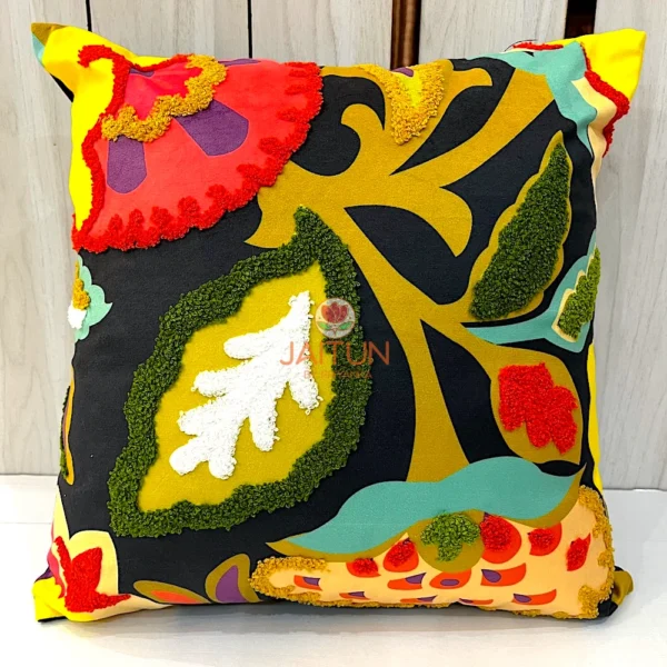 Closeup of Boho Garden appliqué cushion cover highlighting detailed stitching