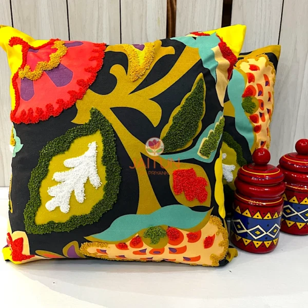 Pair of Boho Garden appliqué cushion covers featuring colourful leaves and flowers