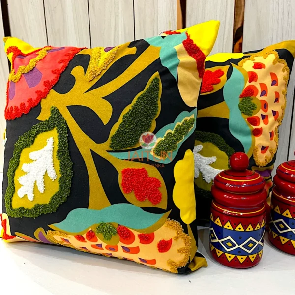 Side angle of Boho Garden cushion cover showing multidimensional embroidery