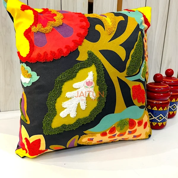 Single Boho Garden appliqué cushion cover with artistic botanical patterns