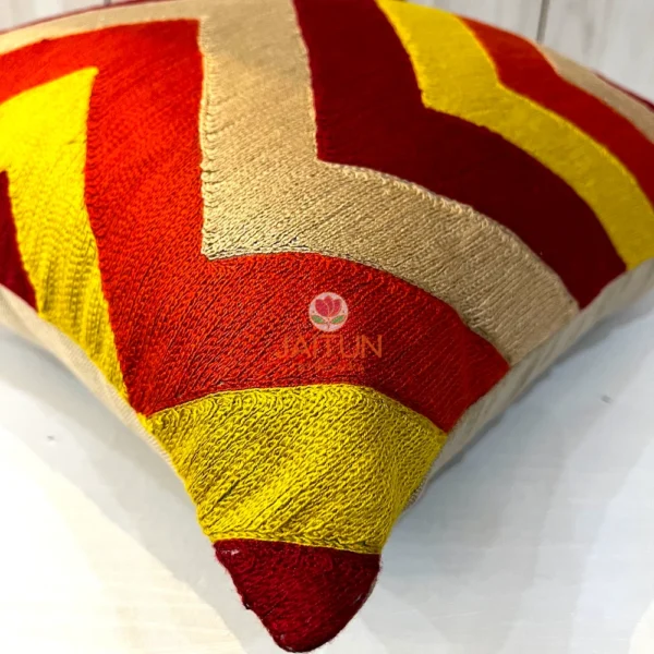 Corner View of Fiery Chevron Handwoven Cushion Cover - Showcase Chevron Stitching and Colour