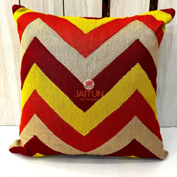 Fiery Chevron Handwoven Cushion Cover Front - Detailed Zigzag Red, Yellow and Beige Pattern