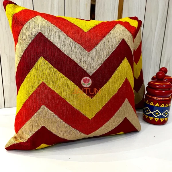 Full Display of Fiery Chevron Handwoven Cushion Cover - Bold Geometric Zigzag Red and Yellow