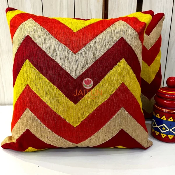 Fiery Chevron Handwoven Cushion Cover Front View in Red and Yellow - Modern Geometric Pillow for Sofa