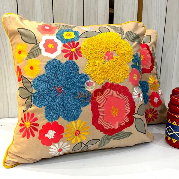 Embroidered Floral Fiesta Cushion Cover - Angled View Showing Artful Multicoluor Flower Patterns
