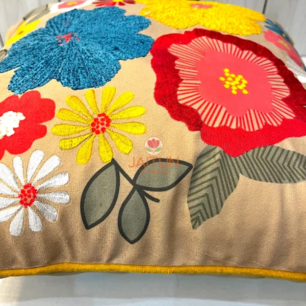 Floral Fiesta Cushion Cover Corner View - Yellow Trim and Decorative Embroidered Flowers