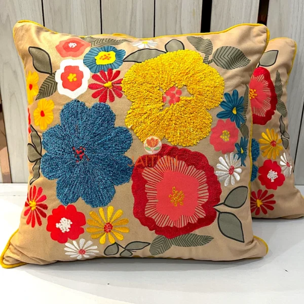 Floral Fiesta Cushion Cover Front View - Vibrant Multicolor Embroidery, Decorative Pillow for Living Room
