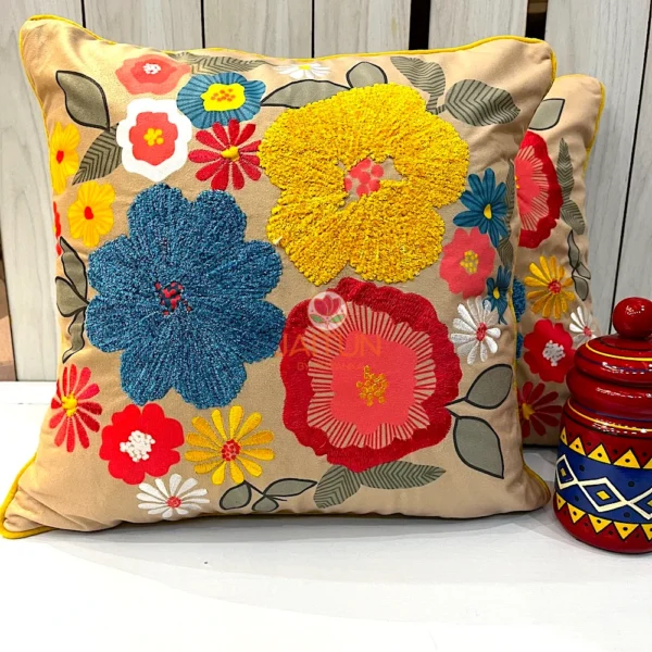 Floral Fiesta Cushion Cover Styled on Sofa with Accent Jar - Home Decor Inspiration, Multicoloured Flowers