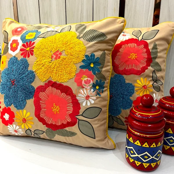 Set of Two Floral Fiesta Cushion Covers - Bold Multicolor Floral Embroidery for Modern Room Setup