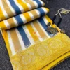 Detailed view of floral zari border and mustard-yellow pallu of Mustard & Blue Striped Chiniya Silk Saree