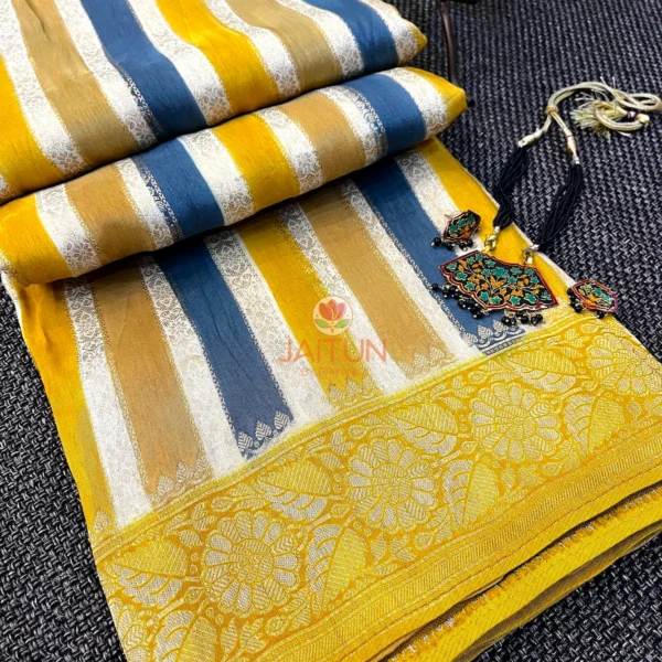 Detailed view of floral zari border and mustard-yellow pallu of Mustard & Blue Striped Chiniya Silk Saree