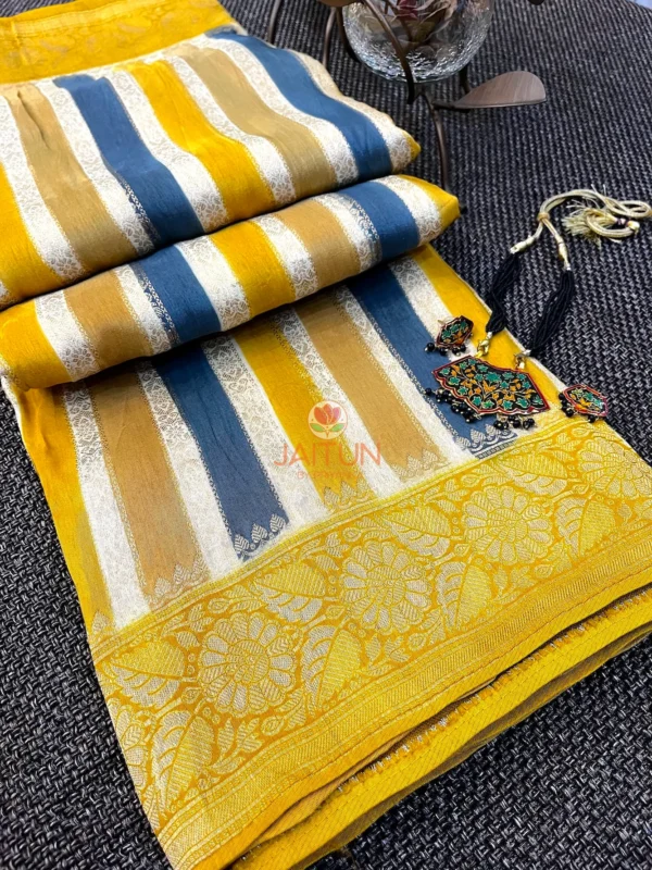 Detailed view of floral zari border and mustard-yellow pallu of Mustard & Blue Striped Chiniya Silk Saree