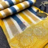 Closeup of pallu on Mustard & Blue Striped Chiniya Silk Saree, showcasing ornate gold floral weaving with blue and mustard stripes