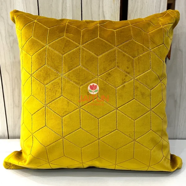Close-Up View of Fiery Chevron Cushion Cover - Mustard Yellow Velvet and Geometric Stitching