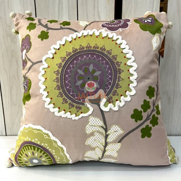 Olive Bloom Embroidered Cushion Cover Lylack Pink - Closeup of Artistic Olive Green Floral Embroidery