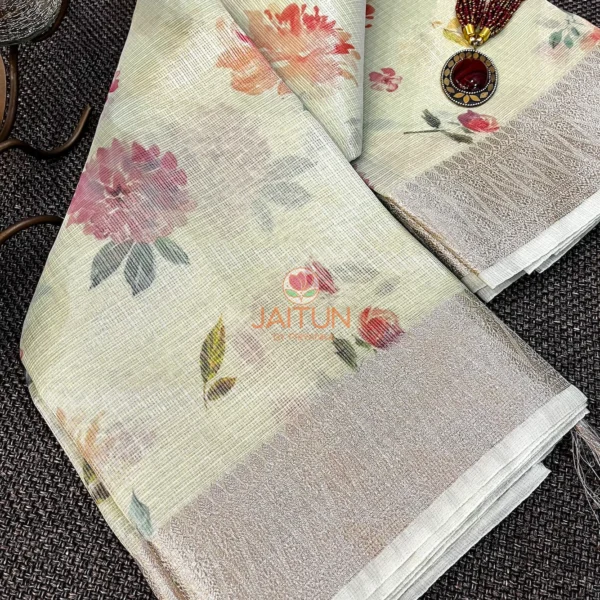 Detailed view of Pastel Bloom Banarasi Printed Kota Silk Saree highlighting delicate pink and yellow floral patterns with ornate silver border
