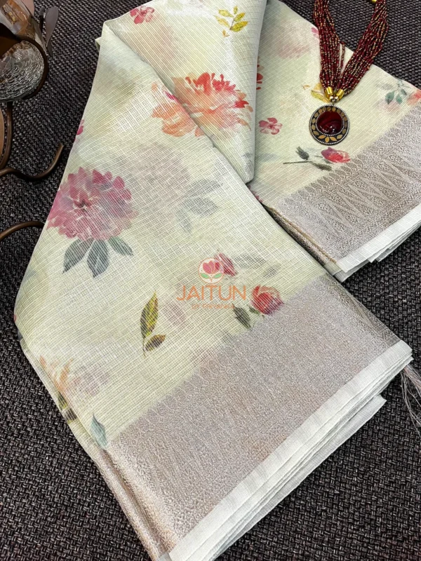 Detailed view of Pastel Bloom Banarasi Printed Kota Silk Saree highlighting delicate pink and yellow floral patterns with ornate silver border