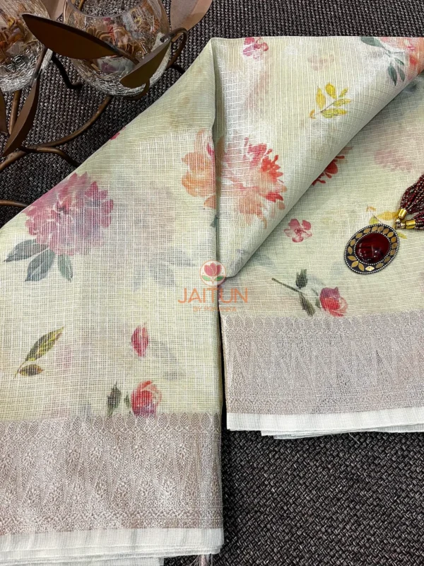 Pastel Bloom Banarasi Printed Kota Silk Saree showing closeup of floral border design and shimmer texture