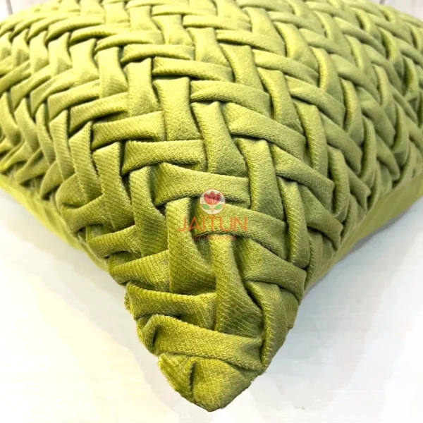 Verdant Smoking Weave Cushion Cover Corner View - Handwoven Green Velvet Zigzag Pattern, Quality Stitching
