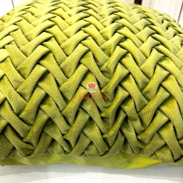 Verdant Smoking Weave Cushion Cover Close-Up - Intricate Green Velvet Weave Texture, Soft Premium Pillow