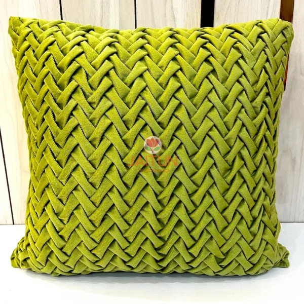 Verdant Smoking Weave Cushion Cover Front View - Luxury Green Velvet, Textured Woven Pillow for Sofa Decor