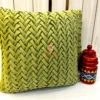 Verdant Smoking Weave Green Velvet Cushion Cover - Textured Front Display with Decorative Red Ethnic Jars