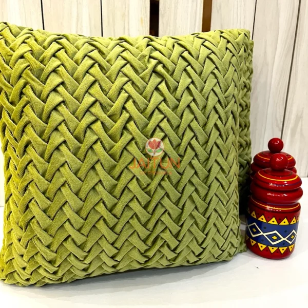 Verdant Smoking Weave Green Velvet Cushion Cover - Textured Front Display with Decorative Red Ethnic Jars
