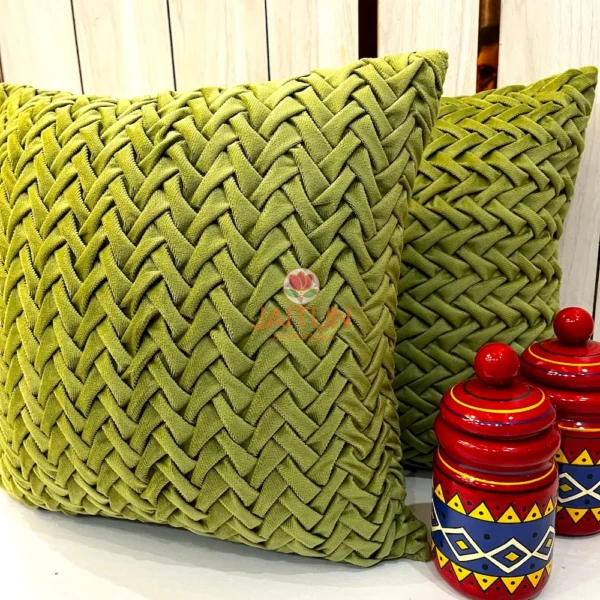 Verdant Smoking Weave Cushion Cover Green Velvet Pair - Modern Accent Pillows for Sofa or Bedroom Decor