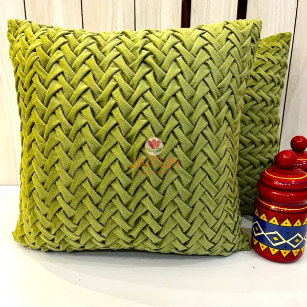Verdant Smoking Weave Cushion Covers in Green Velvet - Decorative Zigzag Pillow Pair Styled with Ethnic Decor