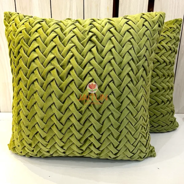 Set of Verdant Smoking Weave Cushion Covers in Green Velvet - Handwoven Textured Pillow Pair for Living Room